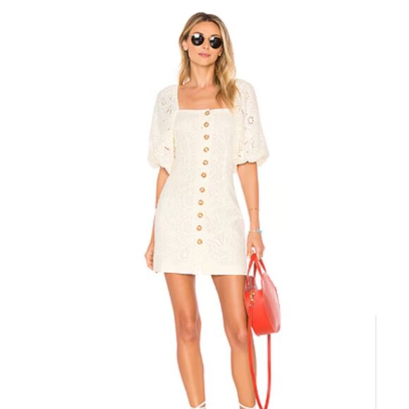 Free People Daniella Cotton Eyelet Mini Dress Puff Sleeve Button Front 8 - Picture 1 of 11